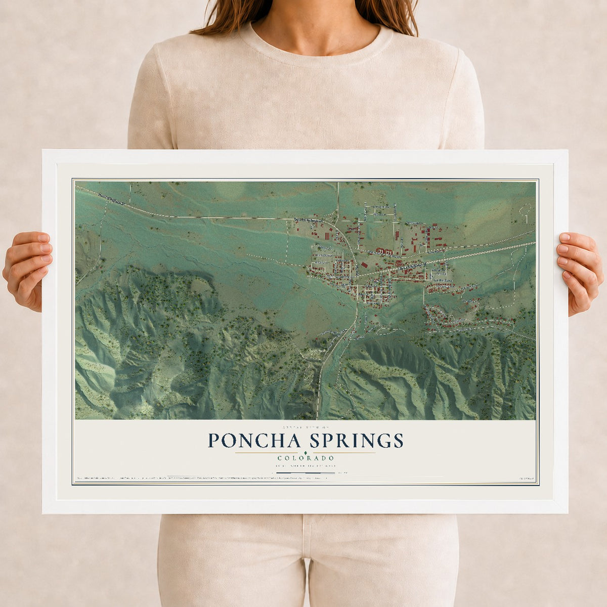 Map of Poncha Springs, Colorado, 12 x 18 inch print in a white wood frame