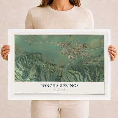 Map of Poncha Springs, Colorado, 12 x 18 inch print in a white wood frame