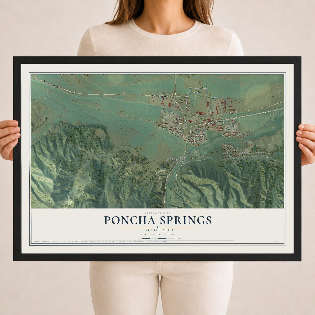 Map of Poncha Springs, Colorado, 18 x 24 inch print in a black wood frame
