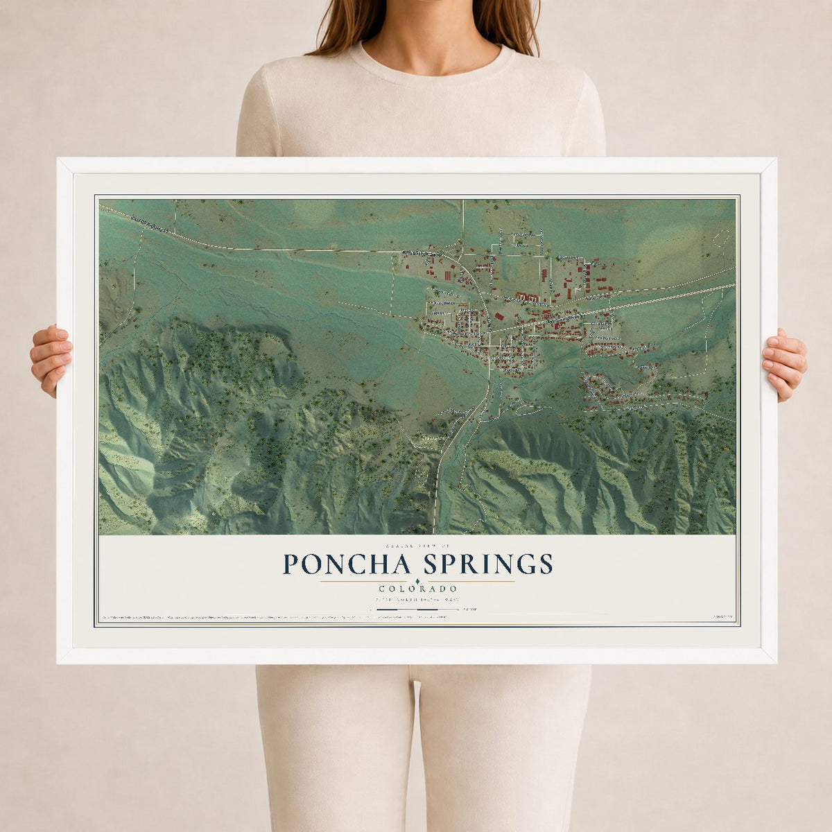 Map of Poncha Springs, Colorado, 24 x 36 inch print in a white wood frame