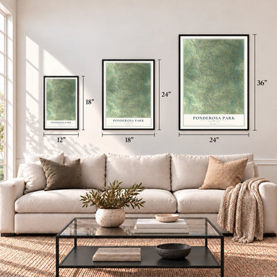 Ponderosa Park, Colorado map in 12 x 18, 18 x 24 and 24 x 36 inch sizes above a sofa