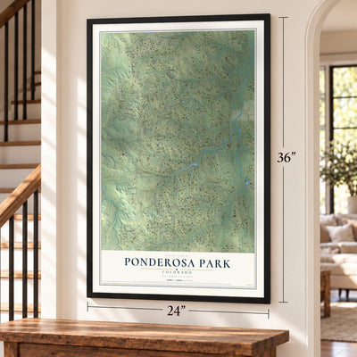 Ponderosa Park, Colorado map, 24 x 36 inch print in a black frame by a staircase