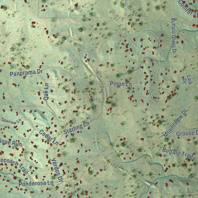 Close-up of the map of Ponderosa Park, Colorado print showing street and building detail