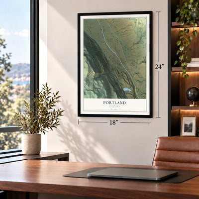 Portland, Colorado map, 18 x 24 inch print in a black frame in a home office