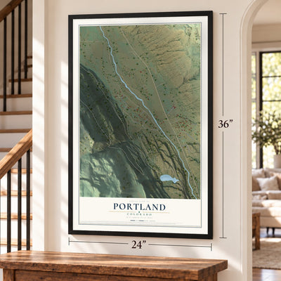 Portland, Colorado map, 24 x 36 inch print in a black frame by a staircase