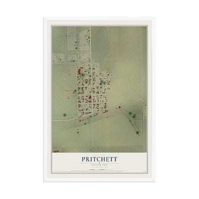 Map of Pritchett, Colorado, 12 x 18 inch print in a white wood frame