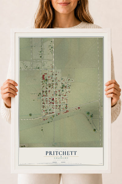 Map of Pritchett, Colorado, 18 x 24 inch print in a white wood frame