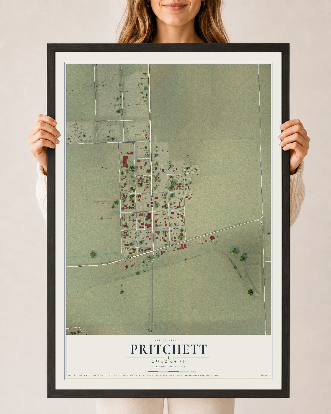 Map of Pritchett, Colorado, 24 x 36 inch print in a black wood frame
