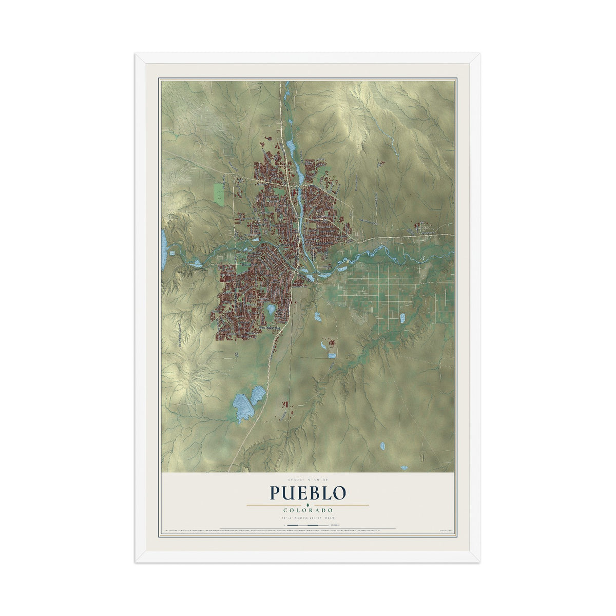 Map of Pueblo, Colorado, 12 x 18 inch print in a white wood frame