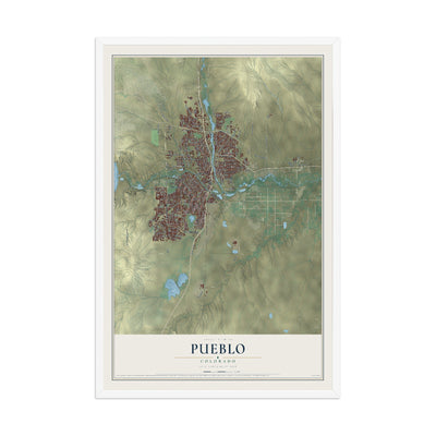 Map of Pueblo, Colorado, 12 x 18 inch print in a white wood frame