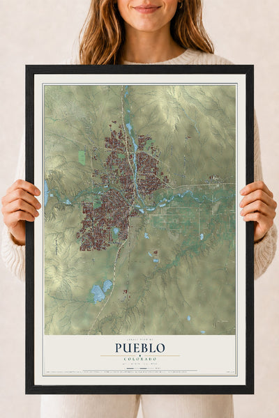 Map of Pueblo, Colorado, 18 x 24 inch print in a black wood frame