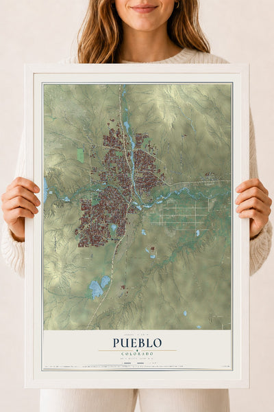 Map of Pueblo, Colorado, 18 x 24 inch print in a white wood frame