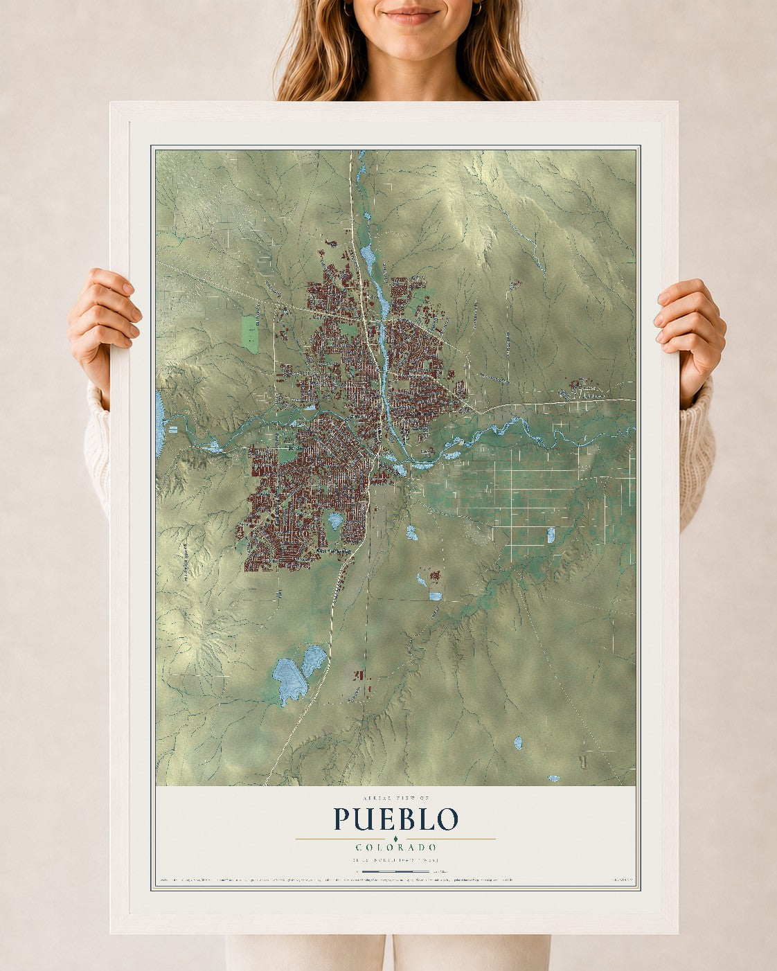 Map of Pueblo, Colorado, 24 x 36 inch print in a white wood frame