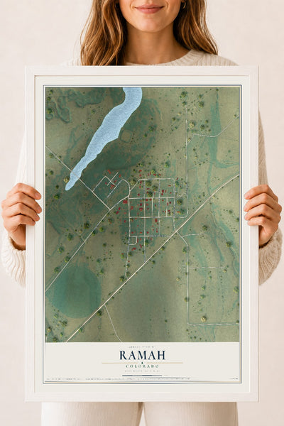 Map of Ramah, Colorado, 18 x 24 inch print in a white wood frame