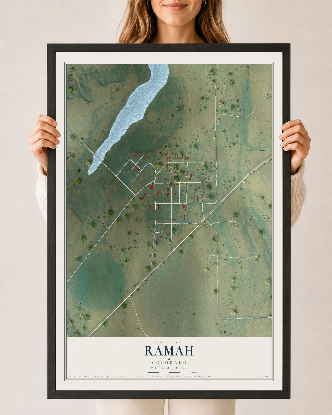 Map of Ramah, Colorado, 24 x 36 inch print in a black wood frame