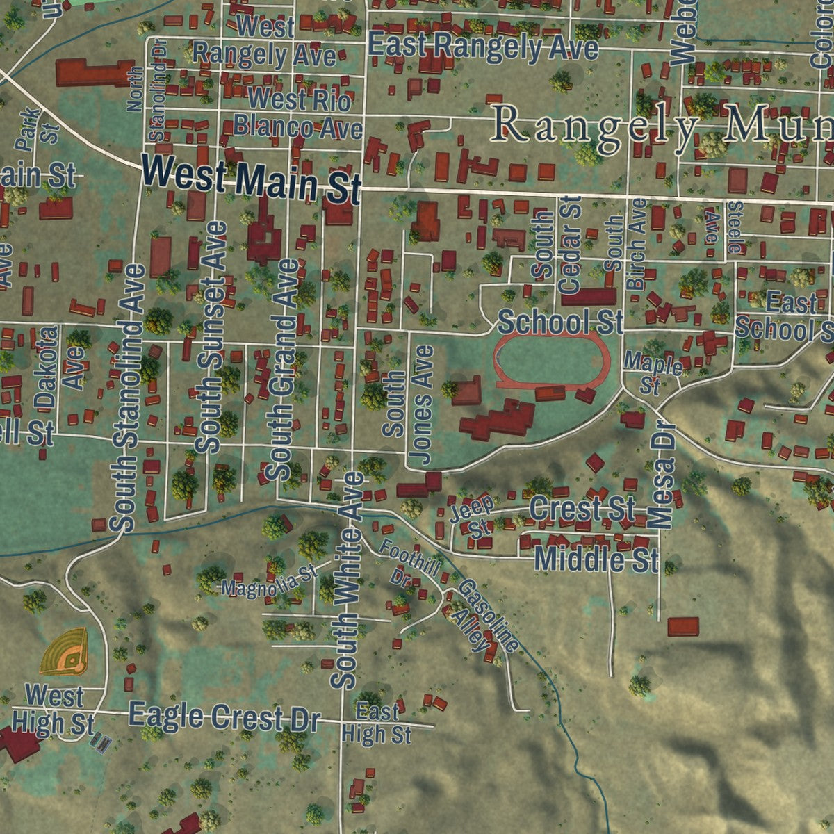 Close-up of the map of Rangely, Colorado print showing street and building detail