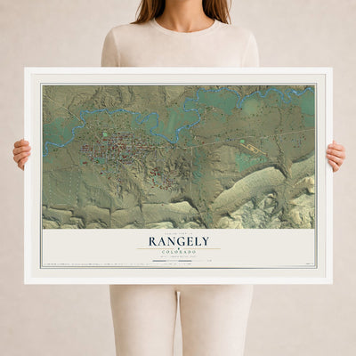 Map of Rangely, Colorado, 24 x 36 inch print in a white wood frame