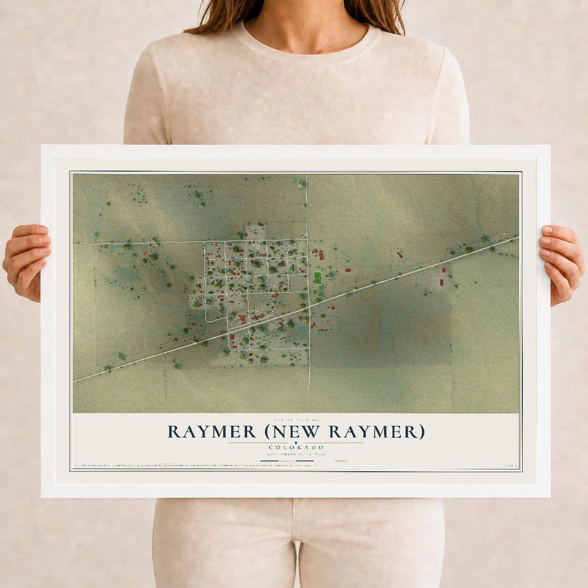 Map of Raymer (New Raymer), Colorado, 12 x 18 inch print in a white wood frame