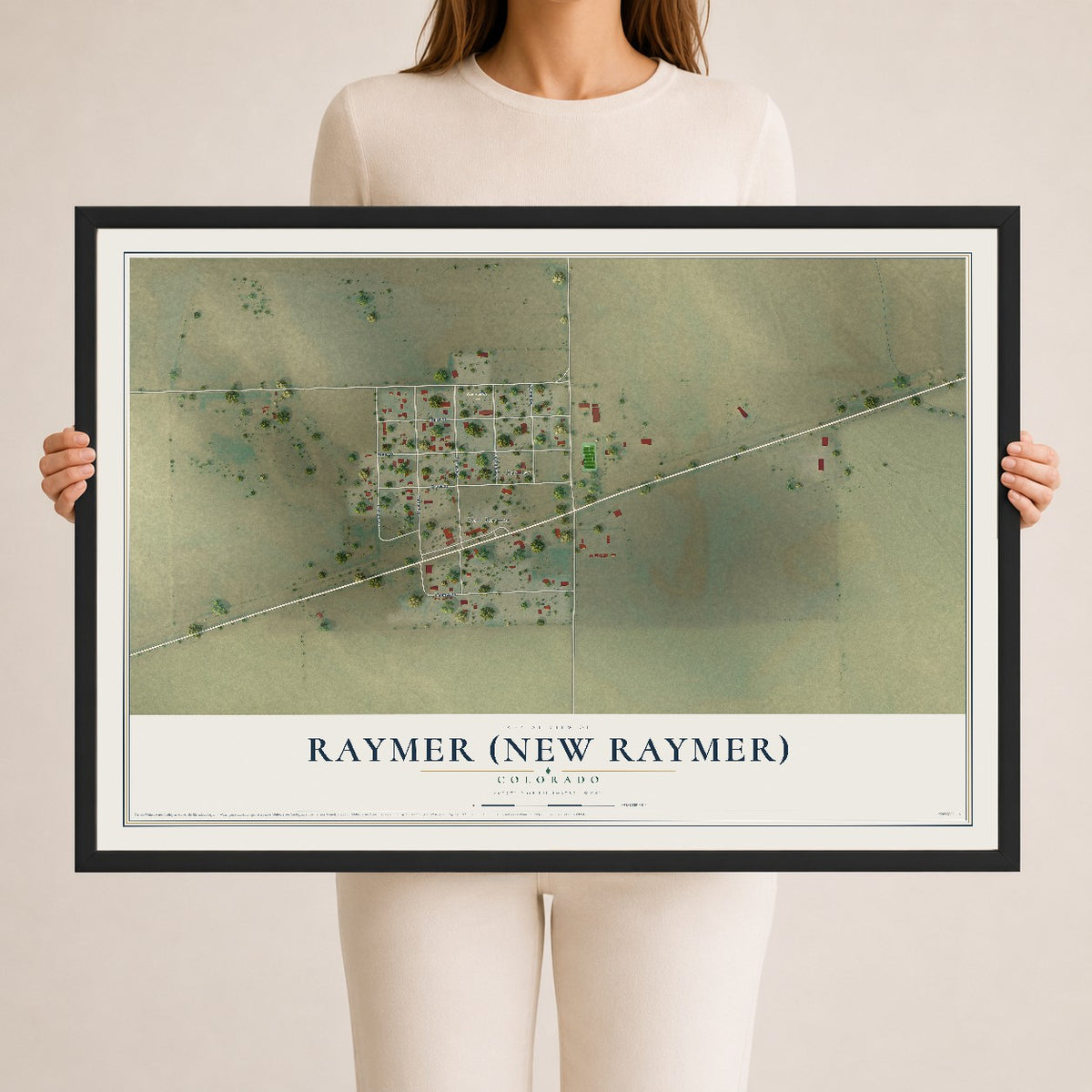 Map of Raymer (New Raymer), Colorado, 24 x 36 inch print in a black wood frame
