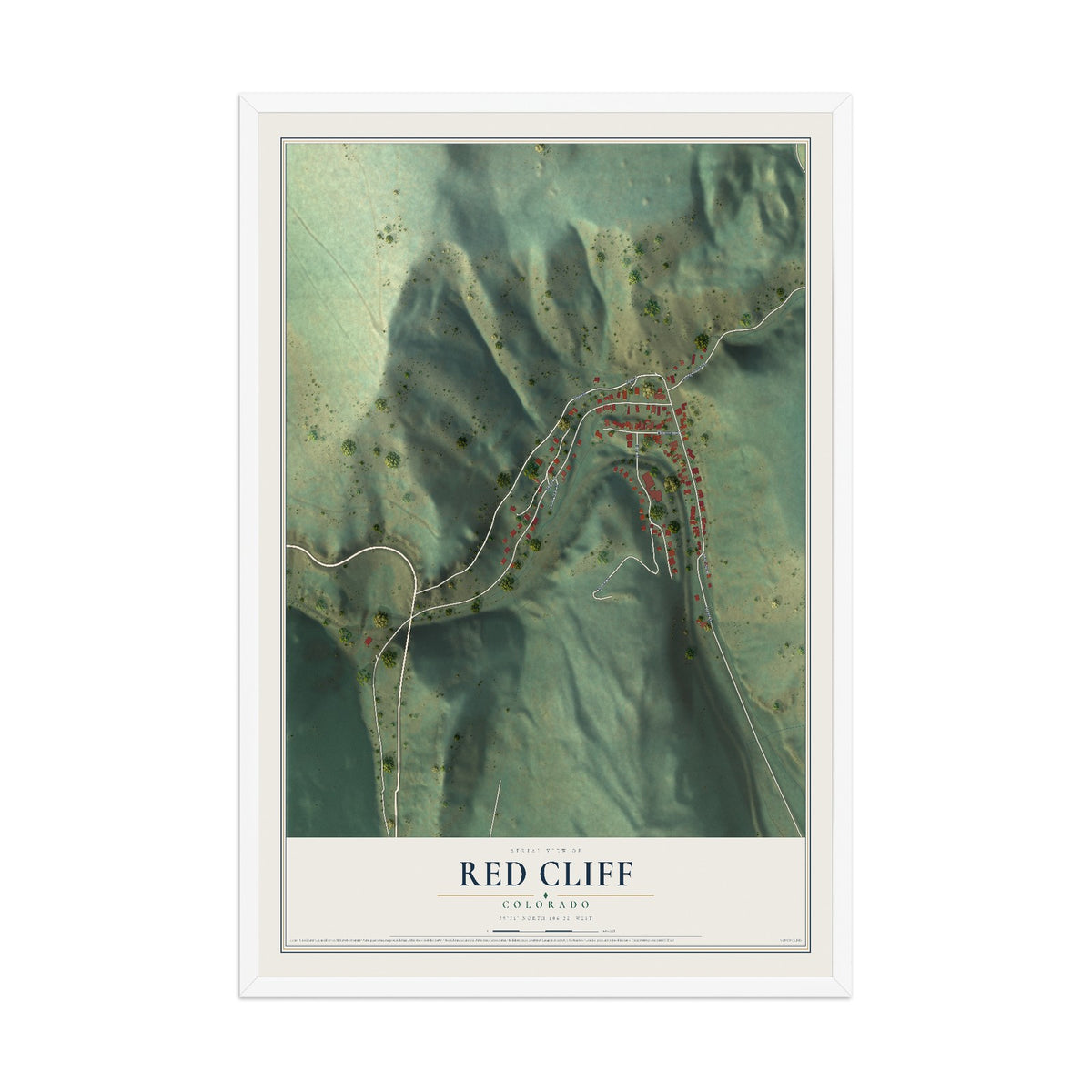 Map of Red Cliff, Colorado, 12 x 18 inch print in a white wood frame