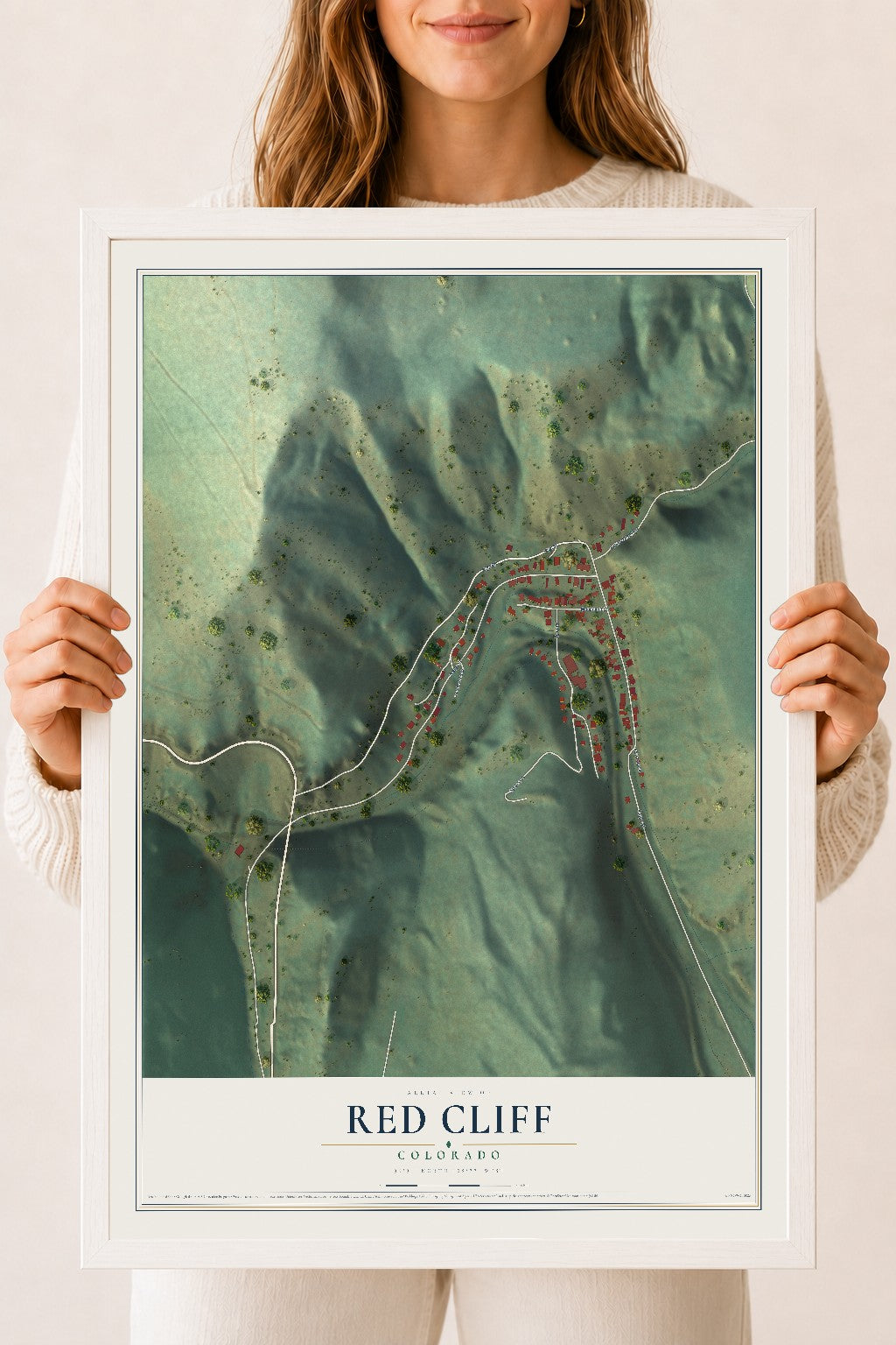 Map of Red Cliff, Colorado, 18 x 24 inch print in a white wood frame