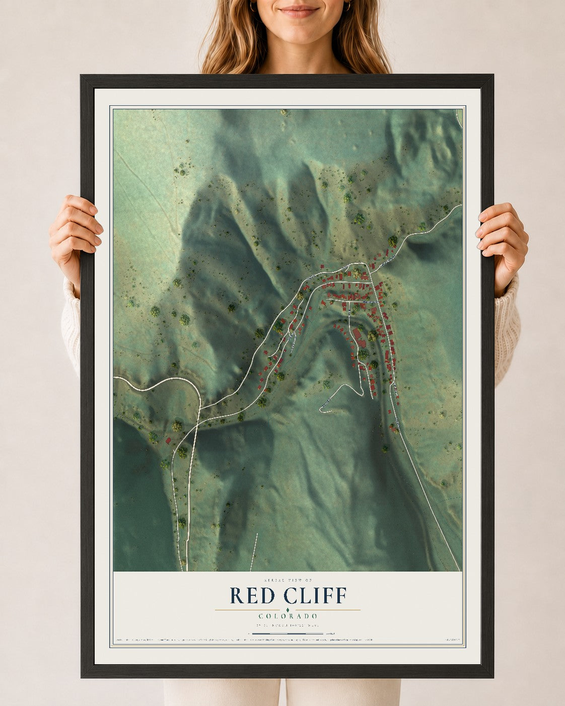 Map of Red Cliff, Colorado, 24 x 36 inch print in a black wood frame