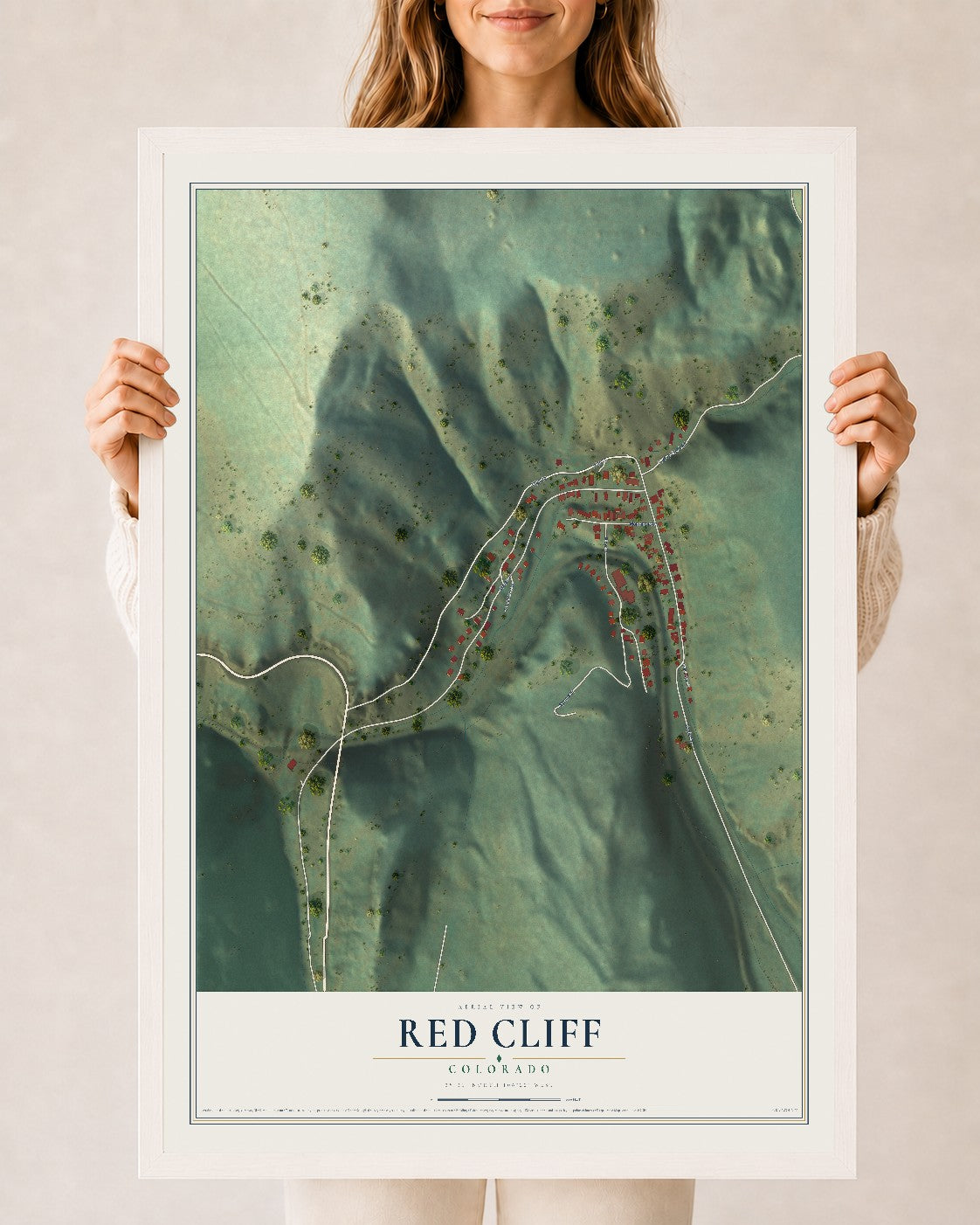 Map of Red Cliff, Colorado, 24 x 36 inch print in a white wood frame