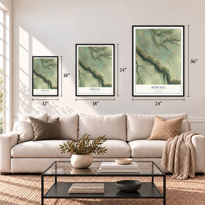 Redvale, Colorado map in 12 x 18, 18 x 24 and 24 x 36 inch sizes above a sofa