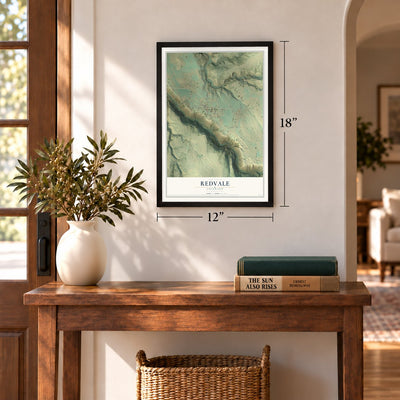 Redvale, Colorado map, 12 x 18 inch print in a black frame in an entryway
