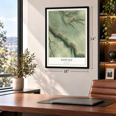 Redvale, Colorado map, 18 x 24 inch print in a black frame in a home office