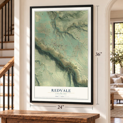 Redvale, Colorado map, 24 x 36 inch print in a black frame by a staircase