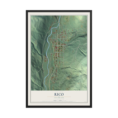 Map of Rico, Colorado, 12 x 18 inch print in a black wood frame