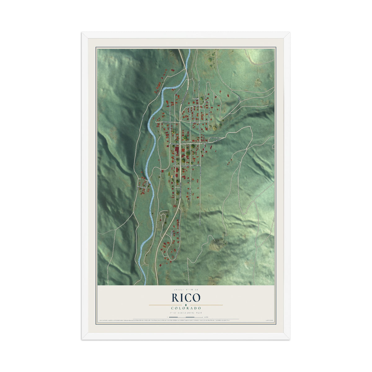 Map of Rico, Colorado, 12 x 18 inch print in a white wood frame