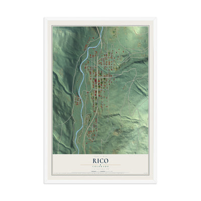 Map of Rico, Colorado, 12 x 18 inch print in a white wood frame