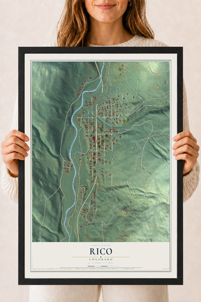 Map of Rico, Colorado, 18 x 24 inch print in a black wood frame