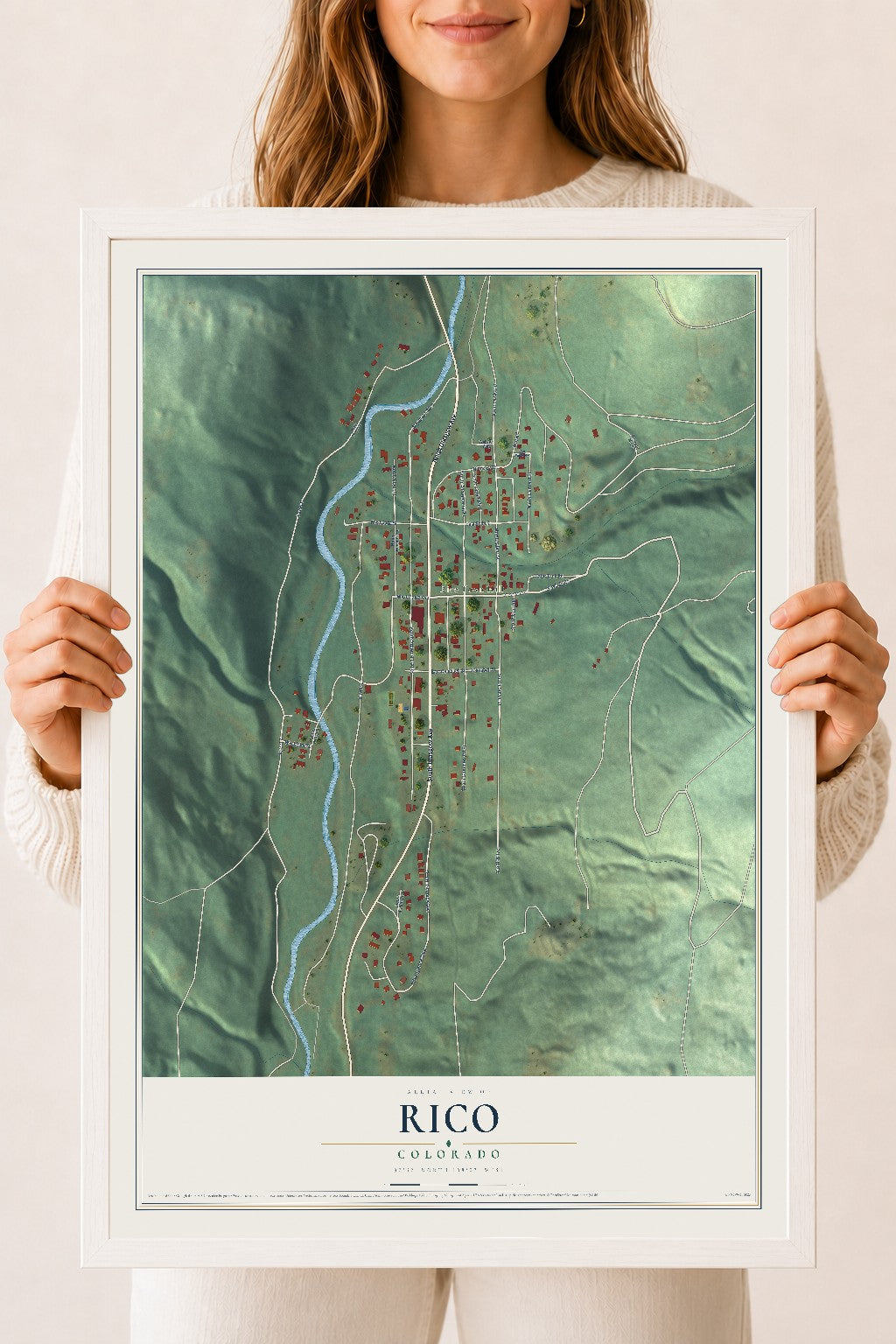 Map of Rico, Colorado, 18 x 24 inch print in a white wood frame