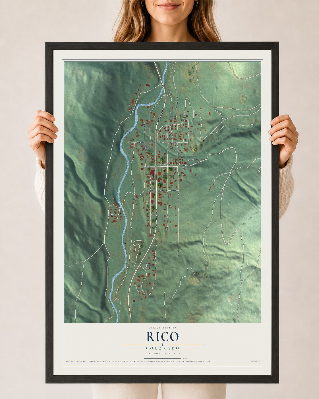 Map of Rico, Colorado, 24 x 36 inch print in a black wood frame