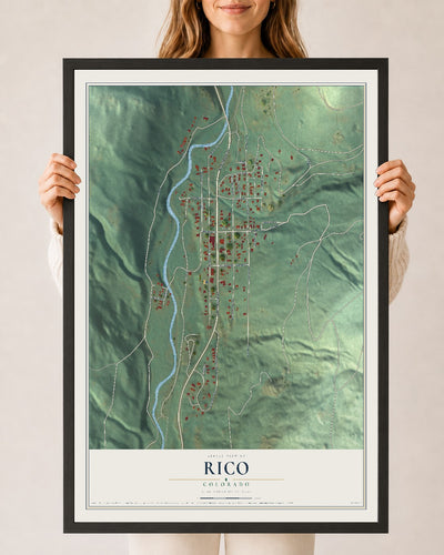 Map of Rico, Colorado, 24 x 36 inch print in a black wood frame