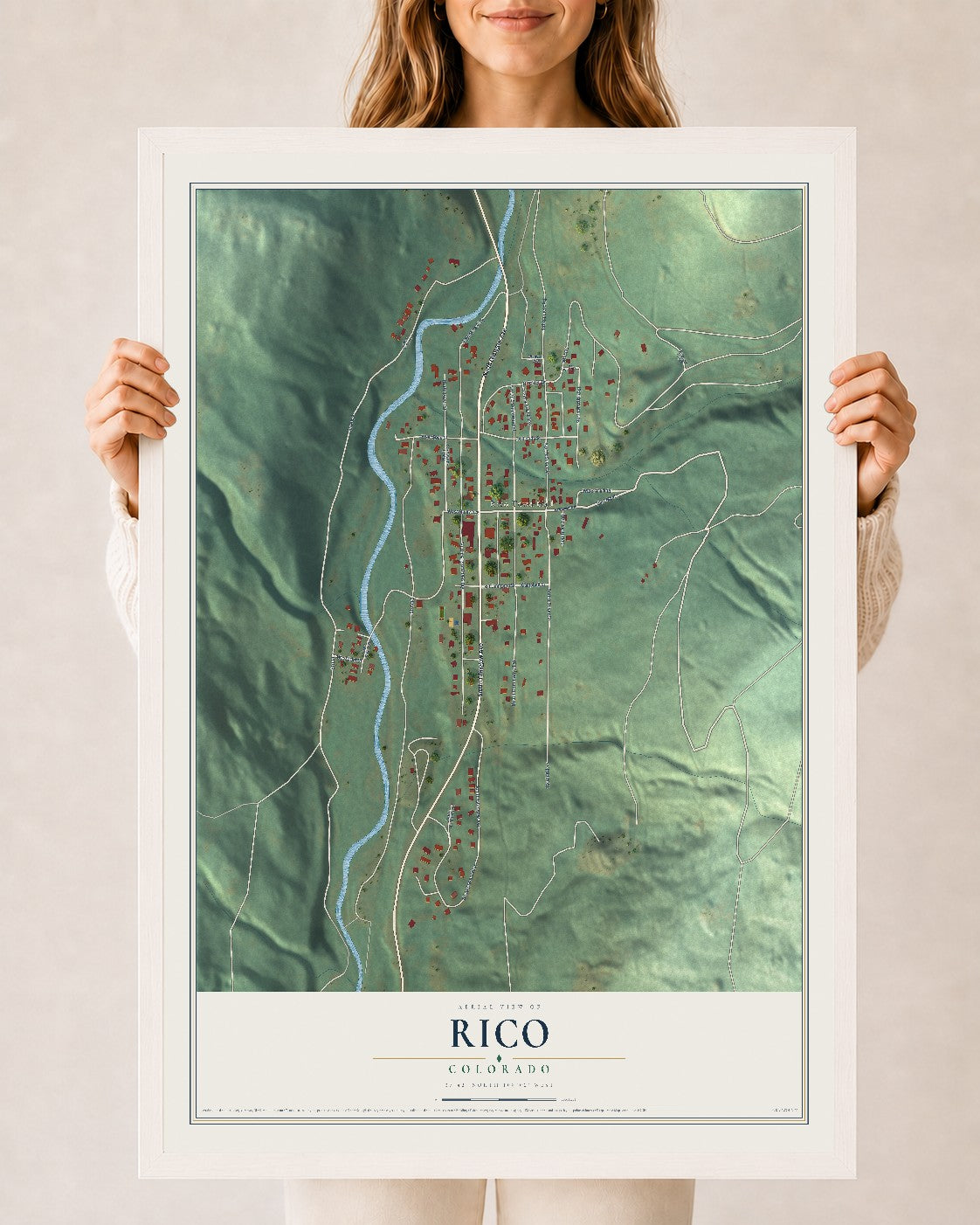 Map of Rico, Colorado, 24 x 36 inch print in a white wood frame