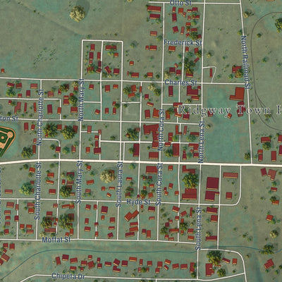 Close-up of the map of Ridgway, Colorado print showing street and building detail