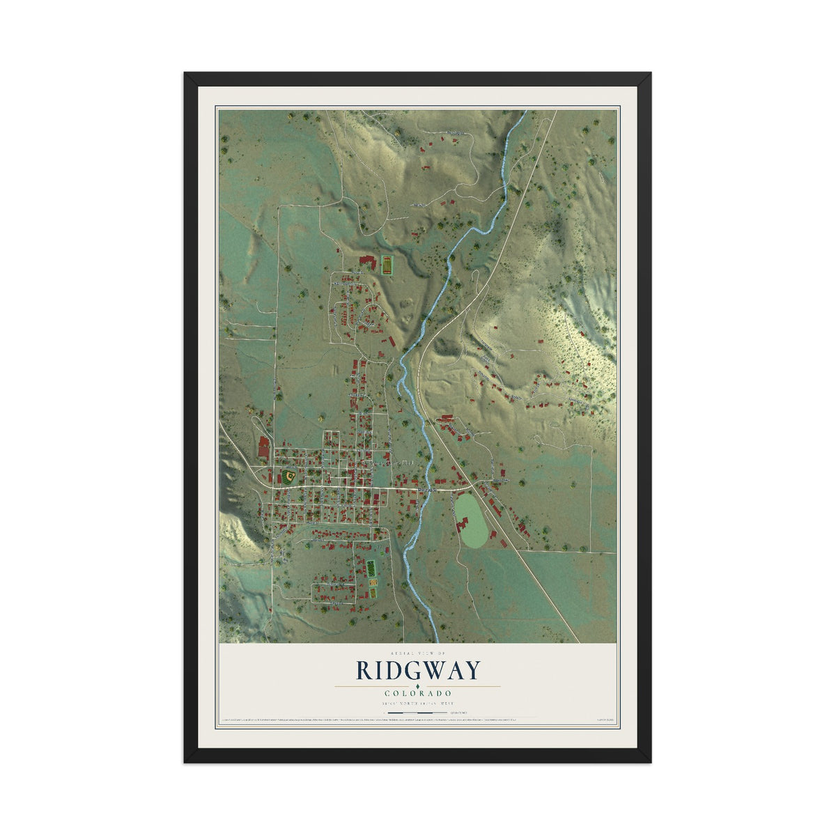 Map of Ridgway, Colorado, 12 x 18 inch print in a black wood frame
