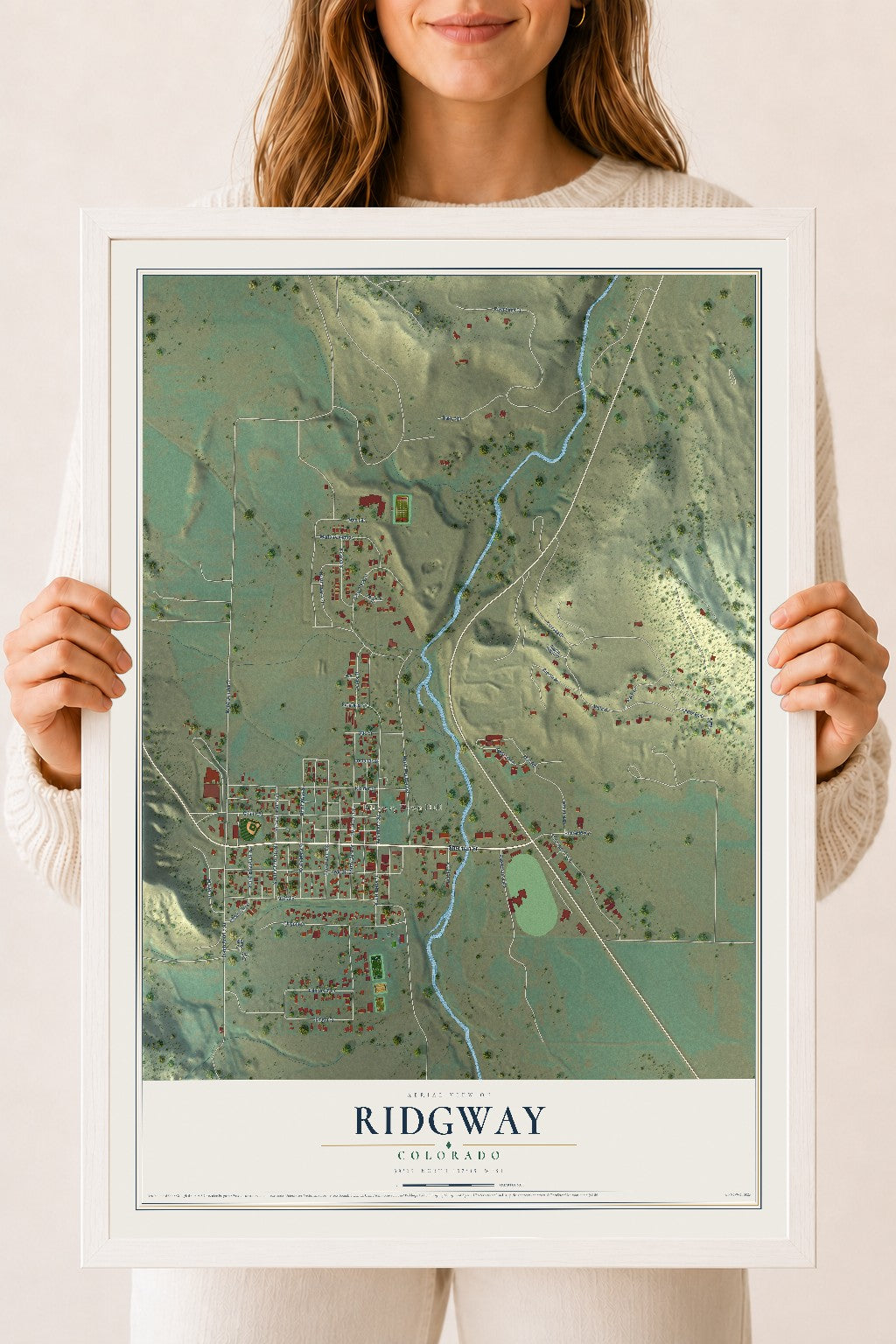 Map of Ridgway, Colorado, 18 x 24 inch print in a white wood frame