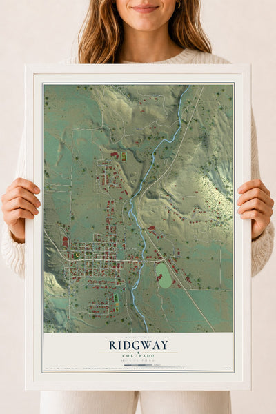 Map of Ridgway, Colorado, 18 x 24 inch print in a white wood frame