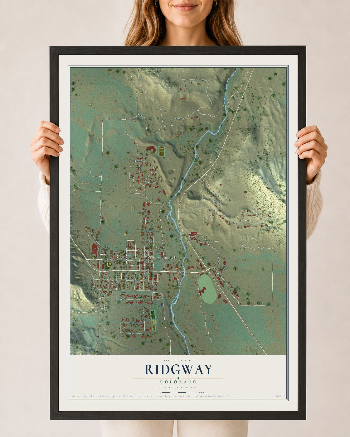 Map of Ridgway, Colorado, 24 x 36 inch print in a black wood frame