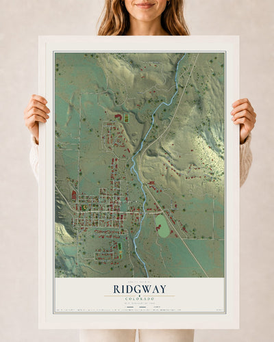Map of Ridgway, Colorado, 24 x 36 inch print in a white wood frame