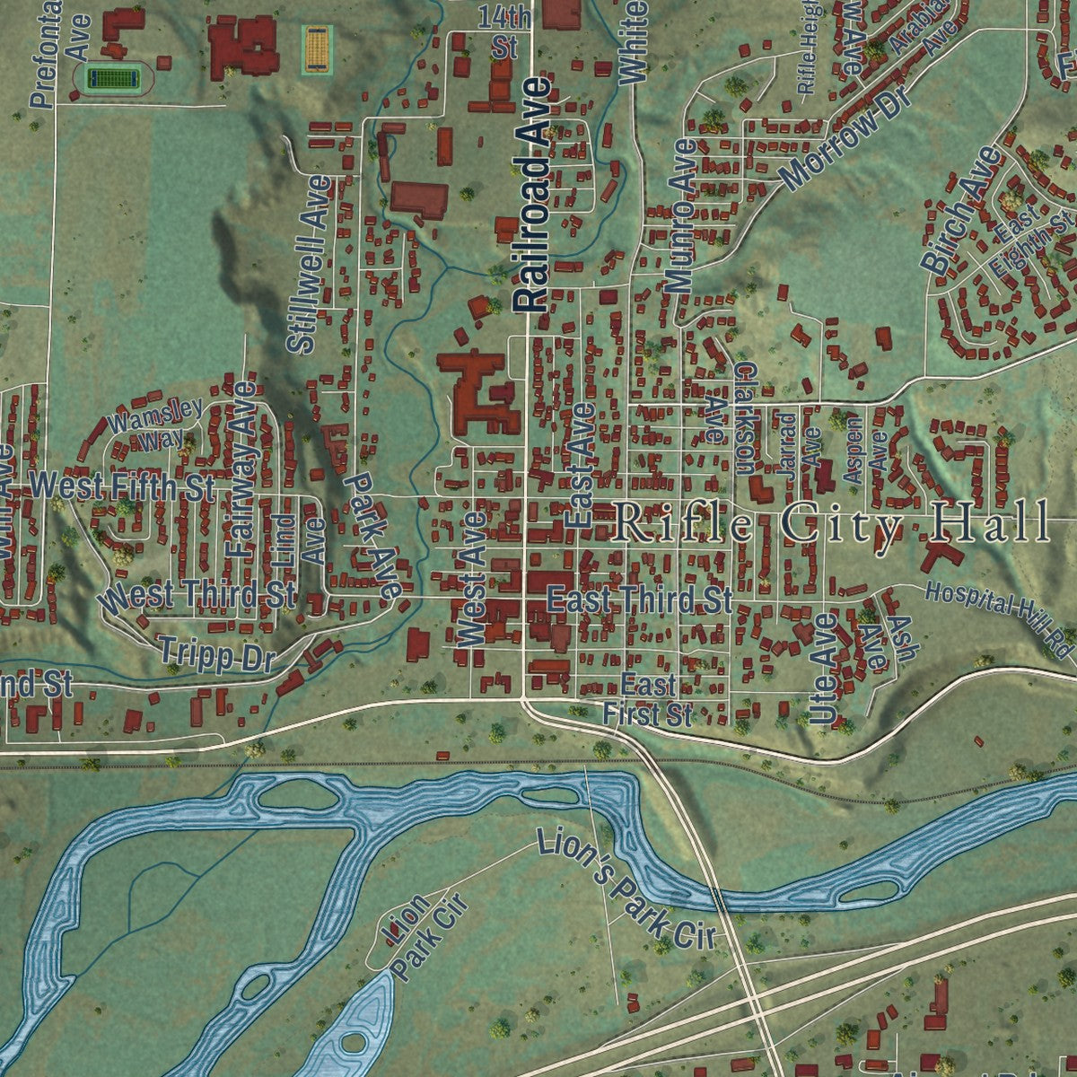 Second close-up of the map of Rifle, Colorado print showing more streets and buildings
