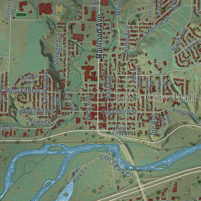 Second close-up of the map of Rifle, Colorado print showing more streets and buildings