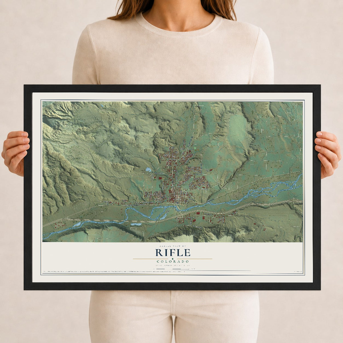 Map of Rifle, Colorado, 12 x 18 inch print in a black wood frame