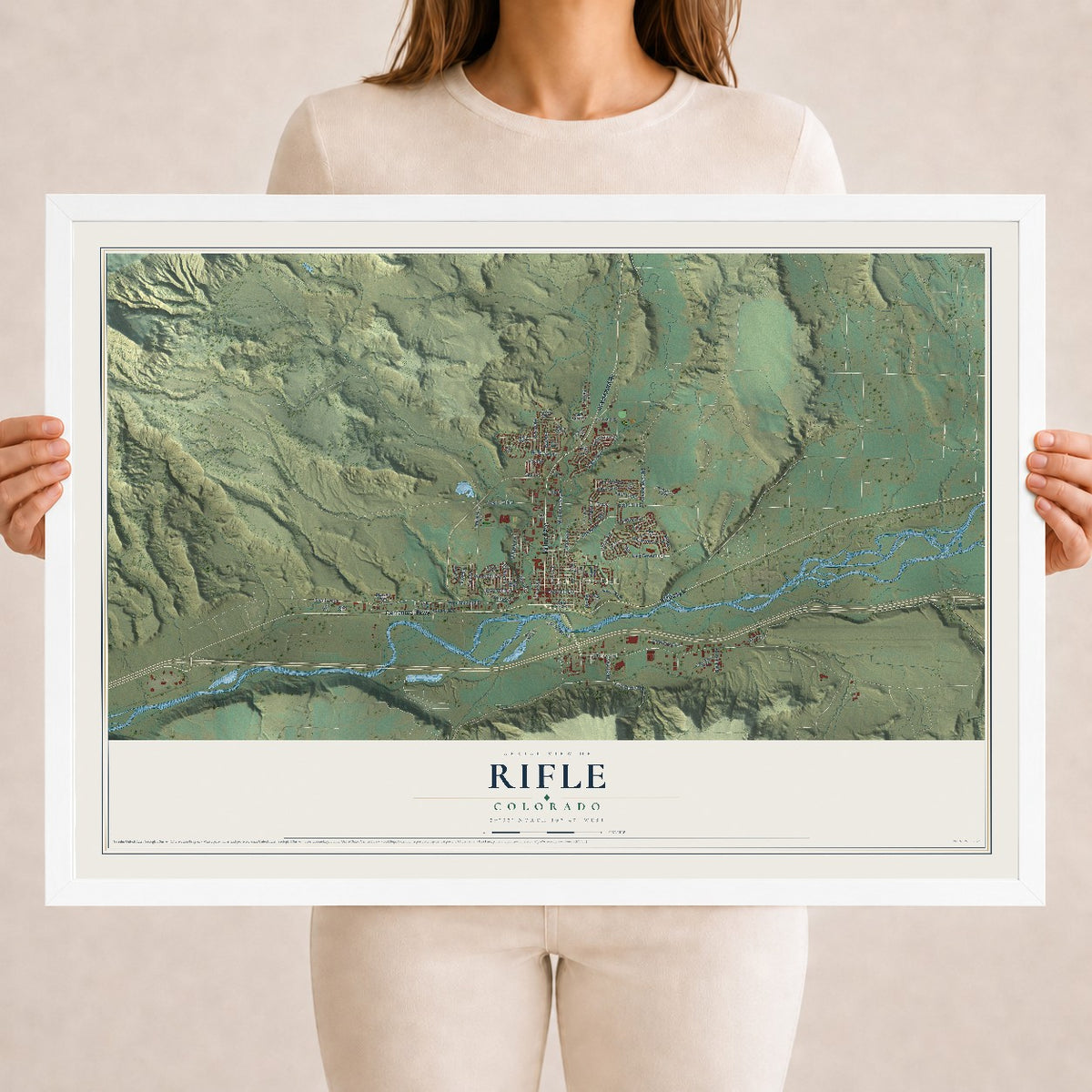 Map of Rifle, Colorado, 18 x 24 inch print in a white wood frame