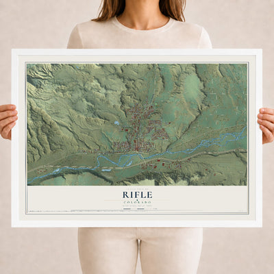 Map of Rifle, Colorado, 18 x 24 inch print in a white wood frame